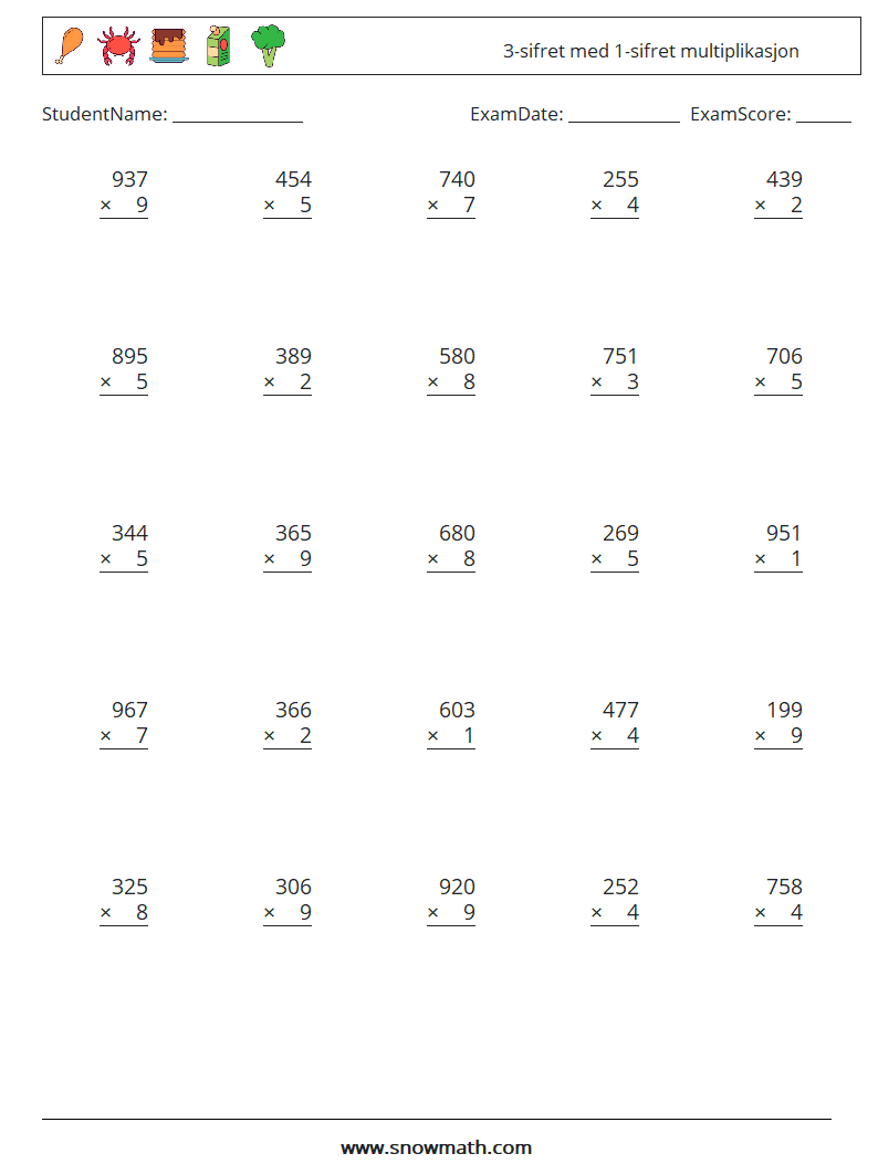 (25) 3-sifret med 1-sifret multiplikasjon