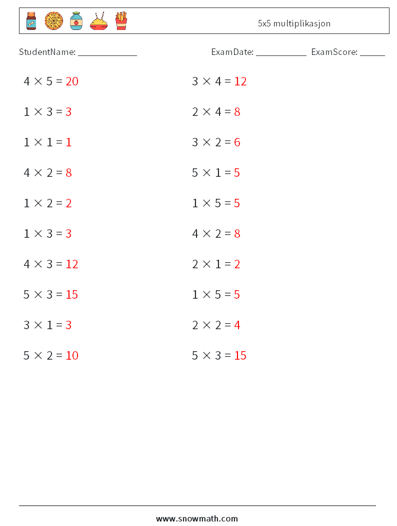 (20) 5x5 multiplikasjon MathWorksheets 4 QuestionAnswer