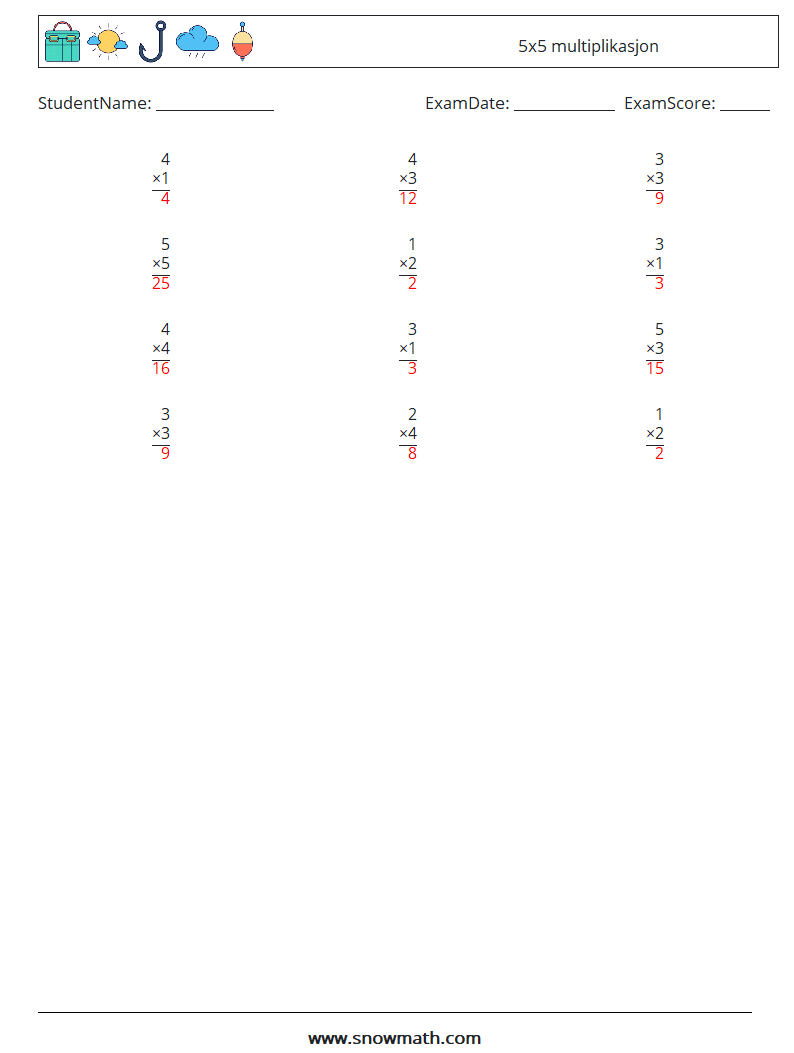 (12) 5x5 multiplikasjon MathWorksheets 1 QuestionAnswer
