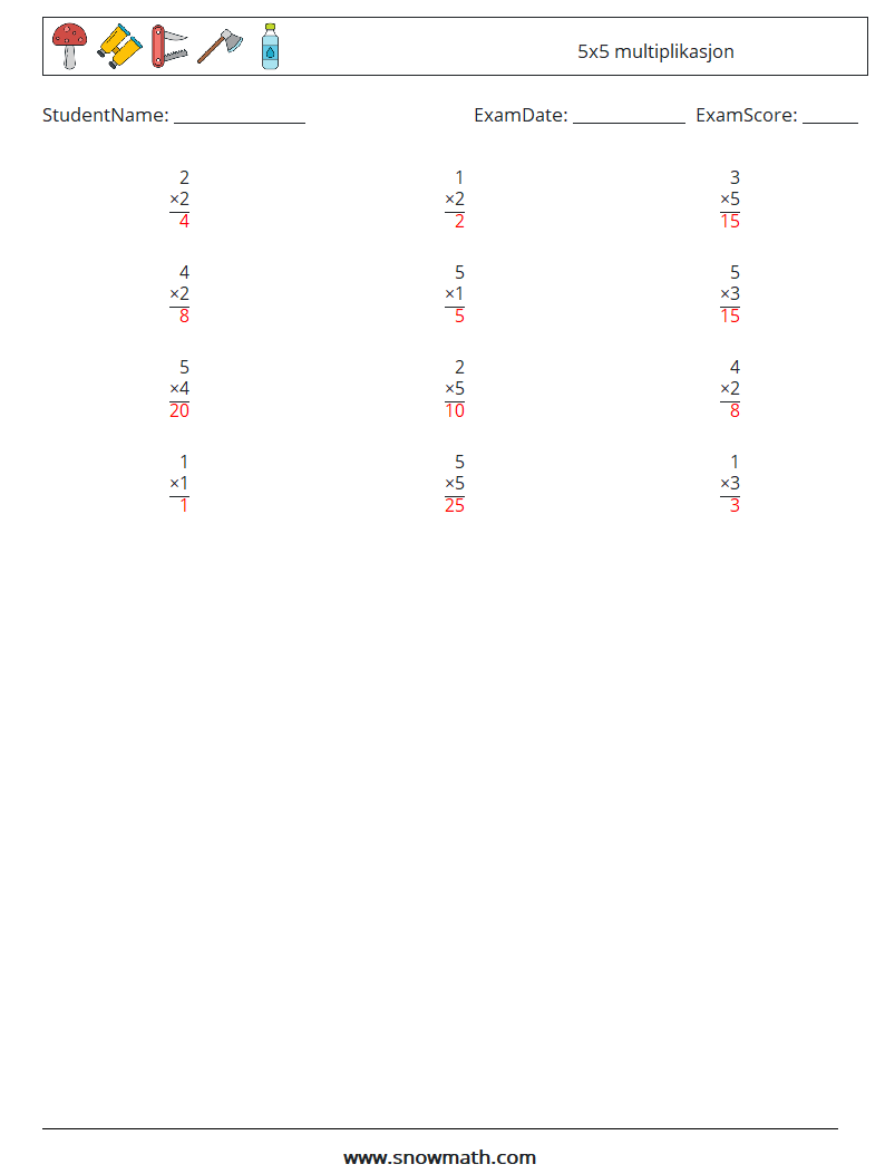 (12) 5x5 multiplikasjon MathWorksheets 2 QuestionAnswer