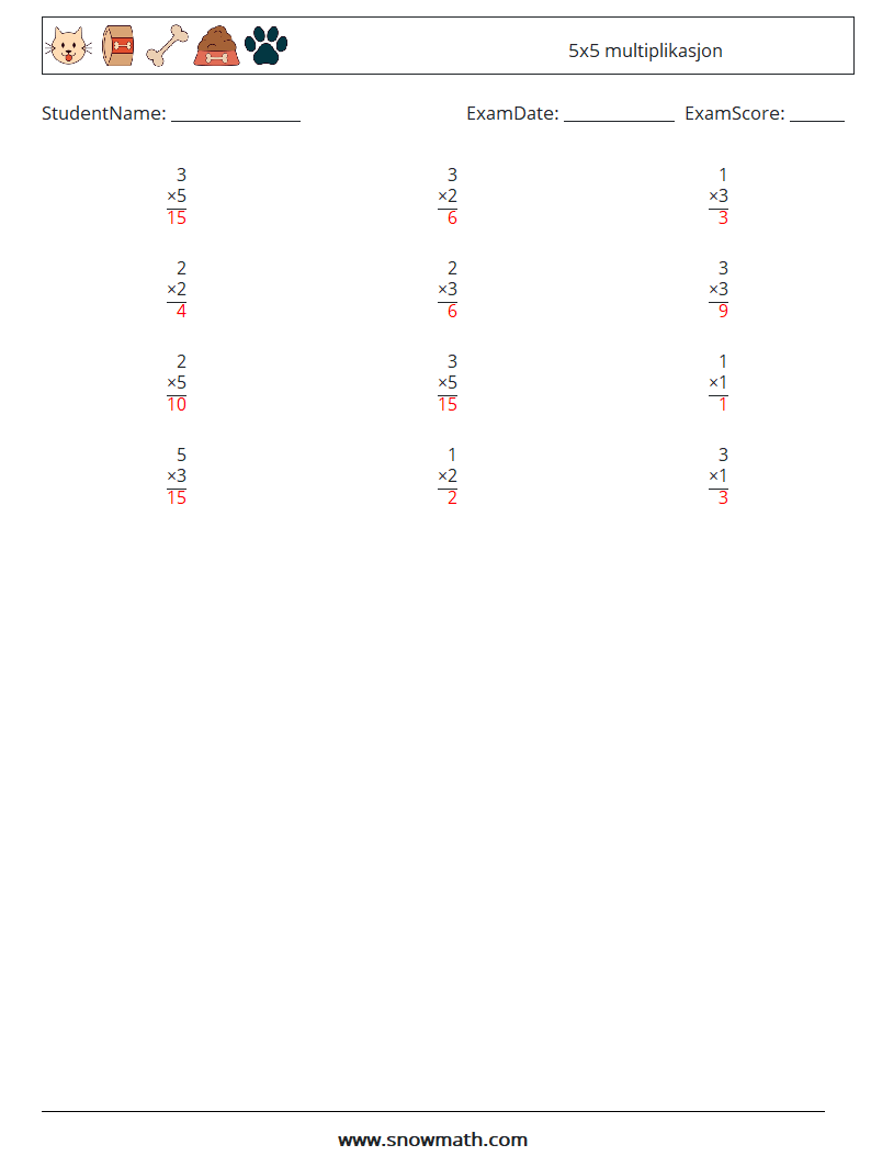 (12) 5x5 multiplikasjon MathWorksheets 3 QuestionAnswer