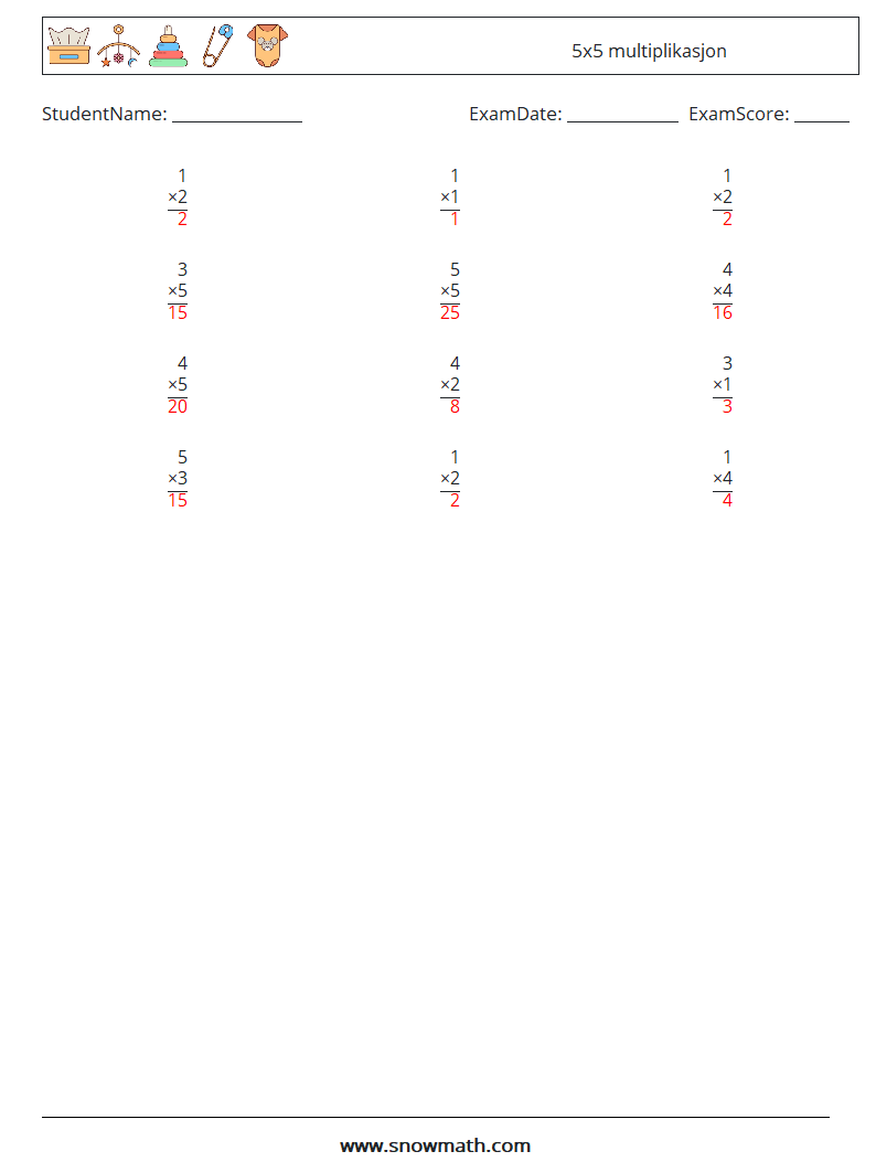 (12) 5x5 multiplikasjon MathWorksheets 4 QuestionAnswer