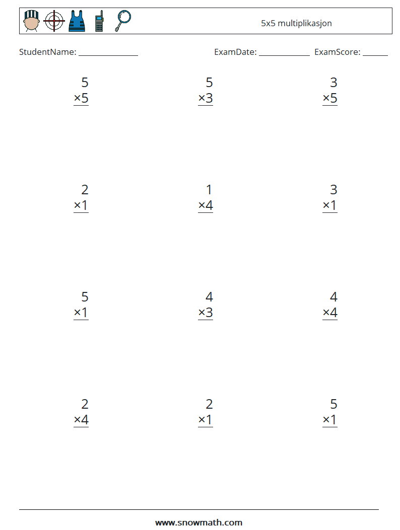 (12) 5x5 multiplikasjon MathWorksheets 5