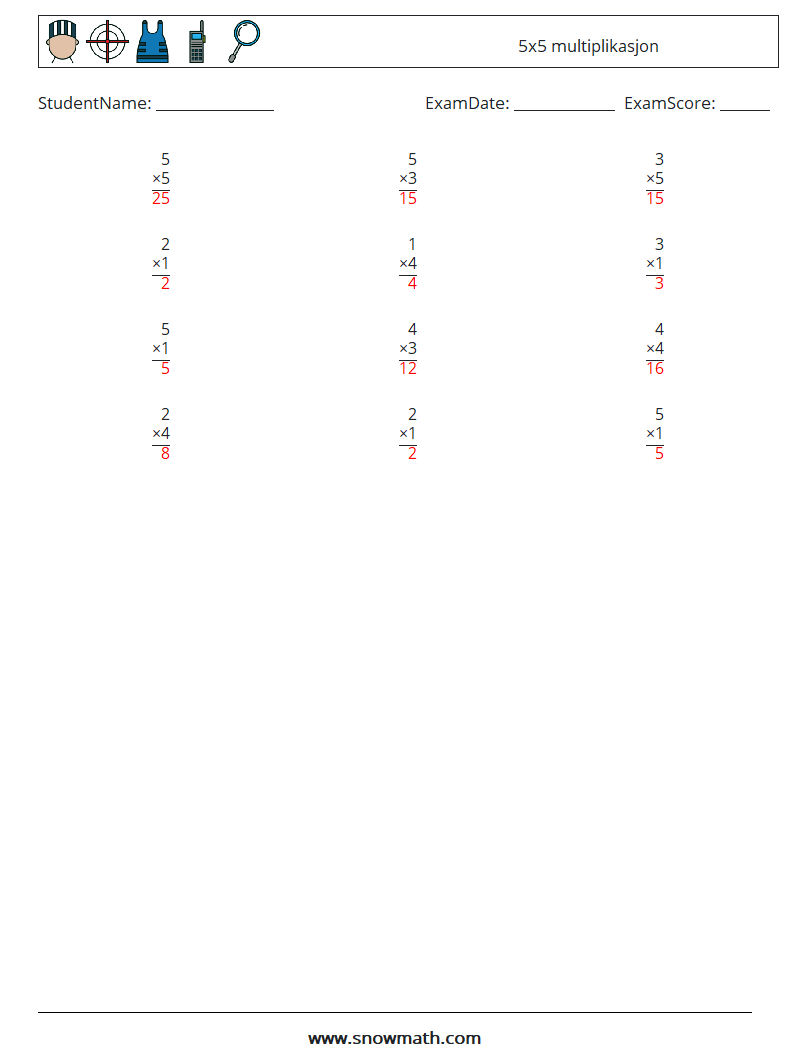(12) 5x5 multiplikasjon MathWorksheets 5 QuestionAnswer