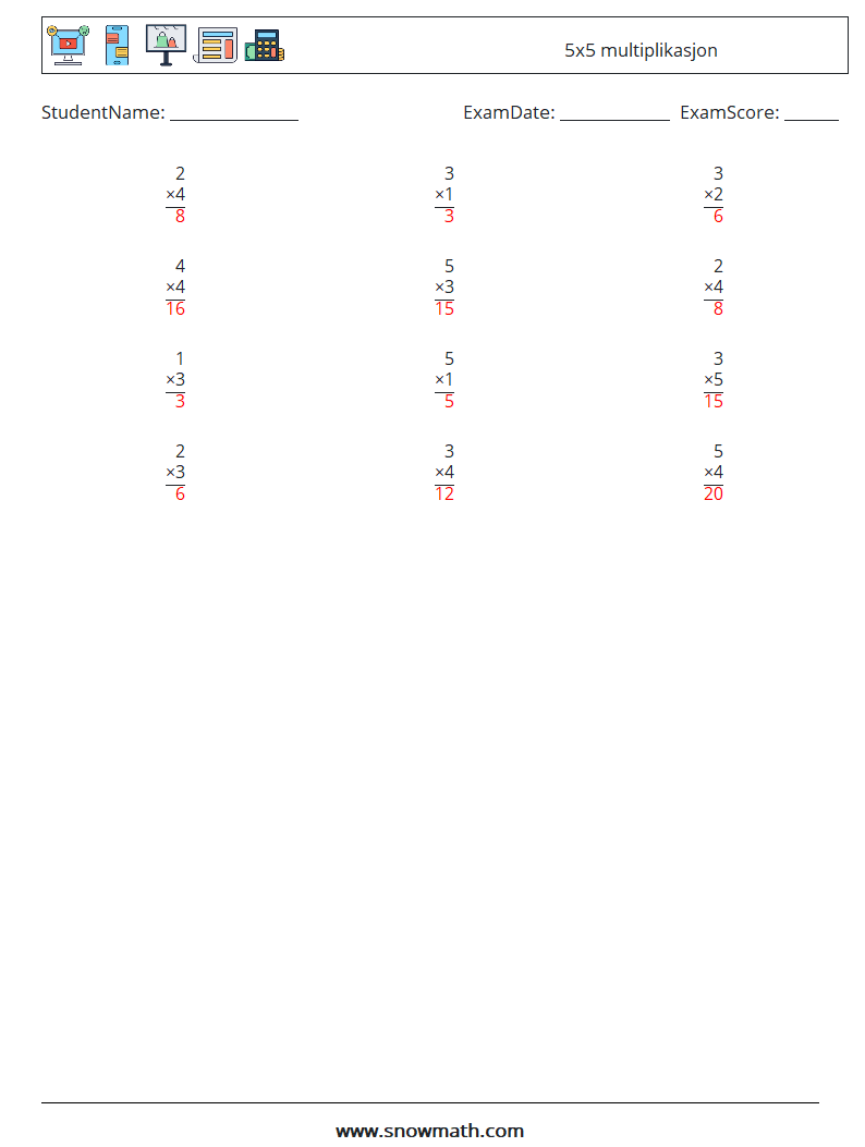 (12) 5x5 multiplikasjon MathWorksheets 6 QuestionAnswer