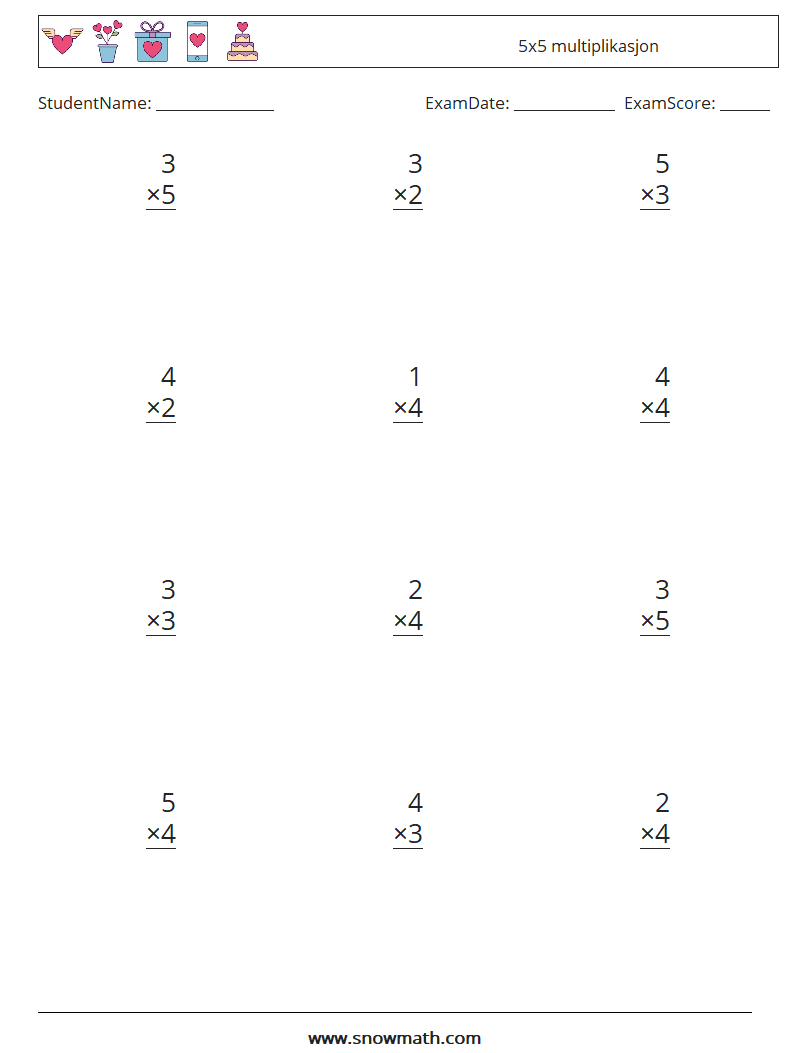 (12) 5x5 multiplikasjon MathWorksheets 7