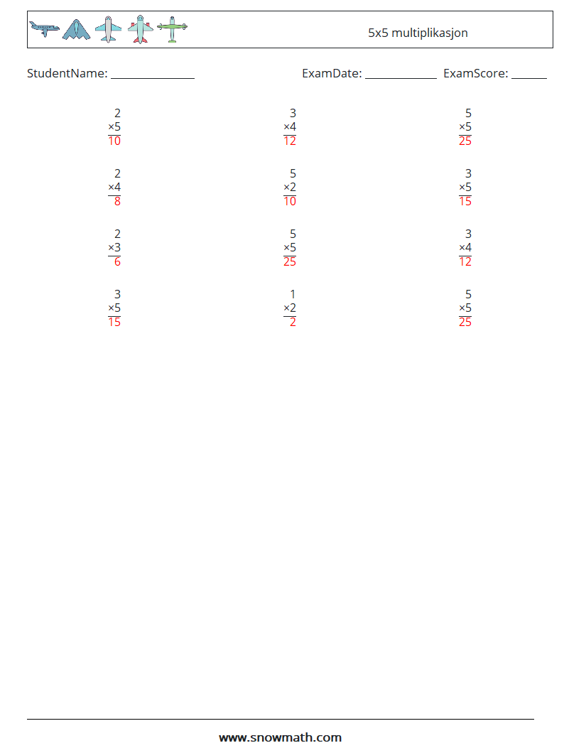 (12) 5x5 multiplikasjon MathWorksheets 8 QuestionAnswer