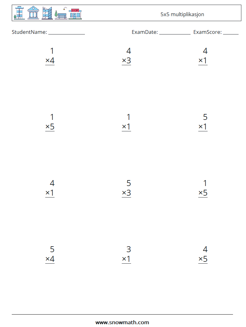 (12) 5x5 multiplikasjon MathWorksheets 9