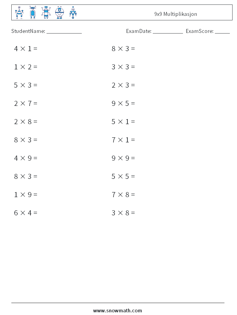 (20) 9x9 Multiplikasjon MathWorksheets 2