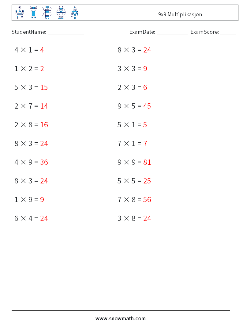 (20) 9x9 Multiplikasjon MathWorksheets 2 QuestionAnswer
