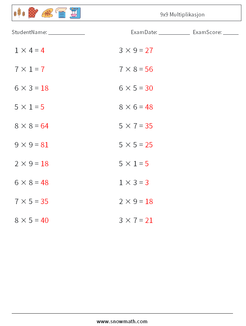(20) 9x9 Multiplikasjon MathWorksheets 3 QuestionAnswer