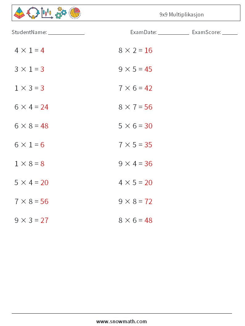 (20) 9x9 Multiplikasjon MathWorksheets 5 QuestionAnswer
