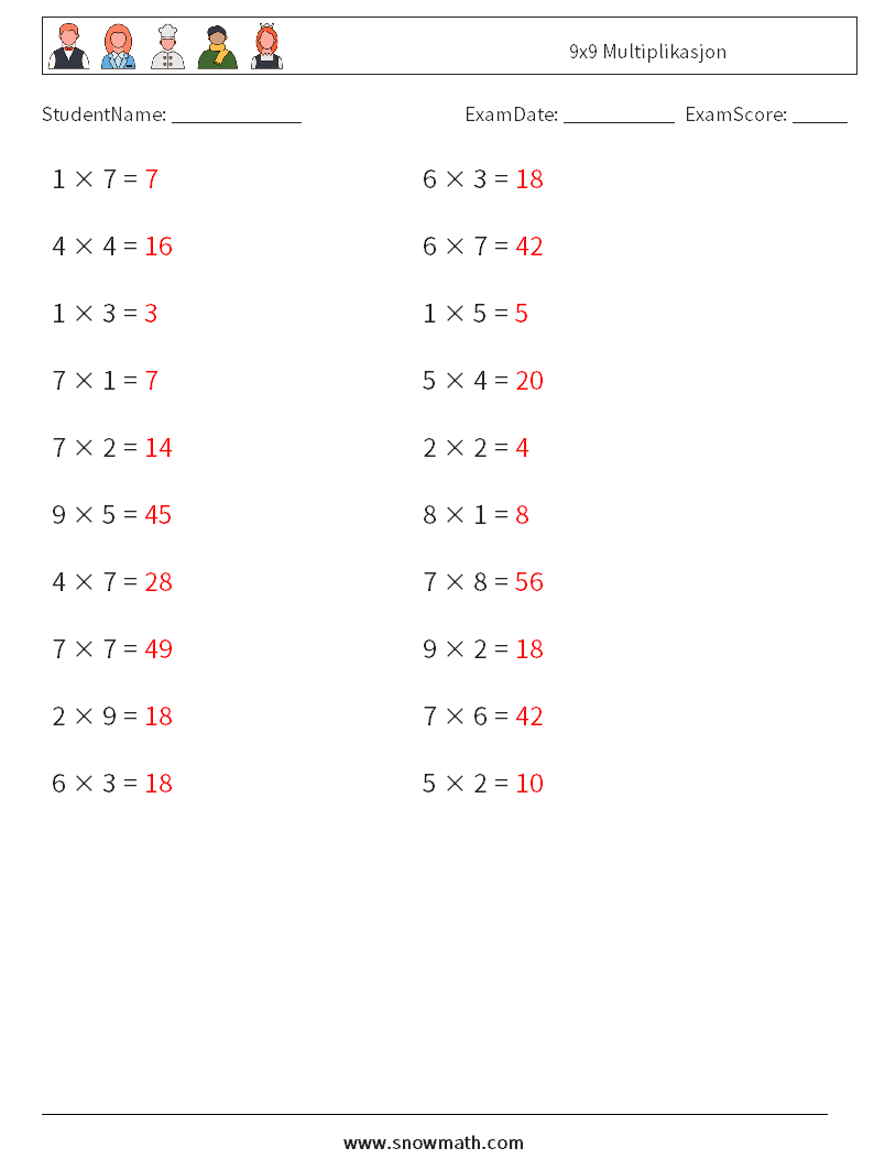 (20) 9x9 Multiplikasjon MathWorksheets 6 QuestionAnswer
