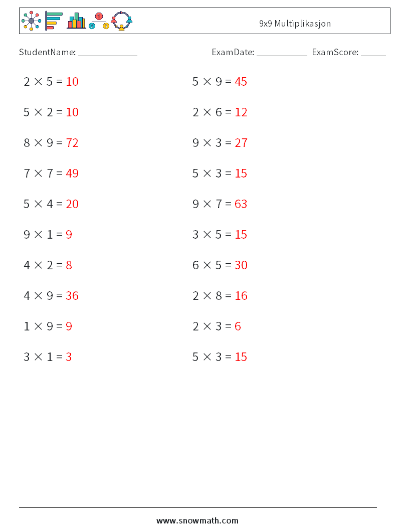 (20) 9x9 Multiplikasjon MathWorksheets 7 QuestionAnswer