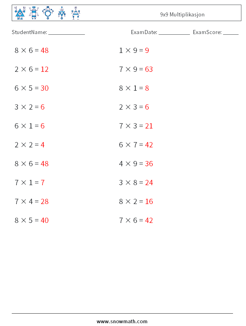 (20) 9x9 Multiplikasjon MathWorksheets 8 QuestionAnswer