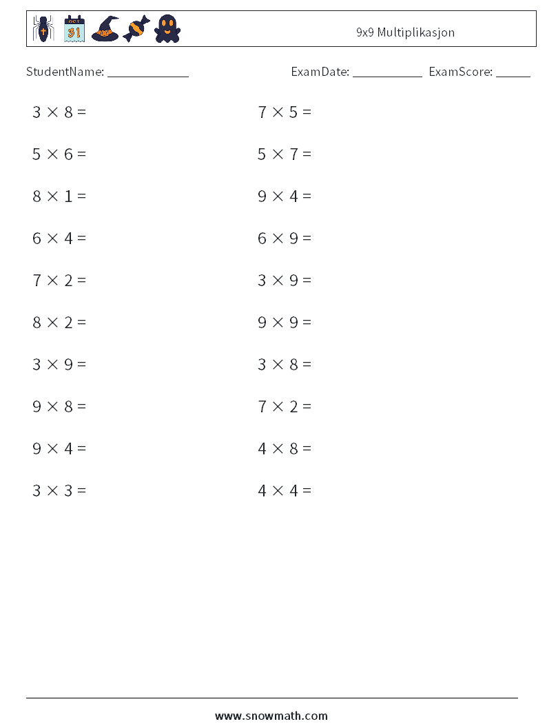 (20) 9x9 Multiplikasjon MathWorksheets 9