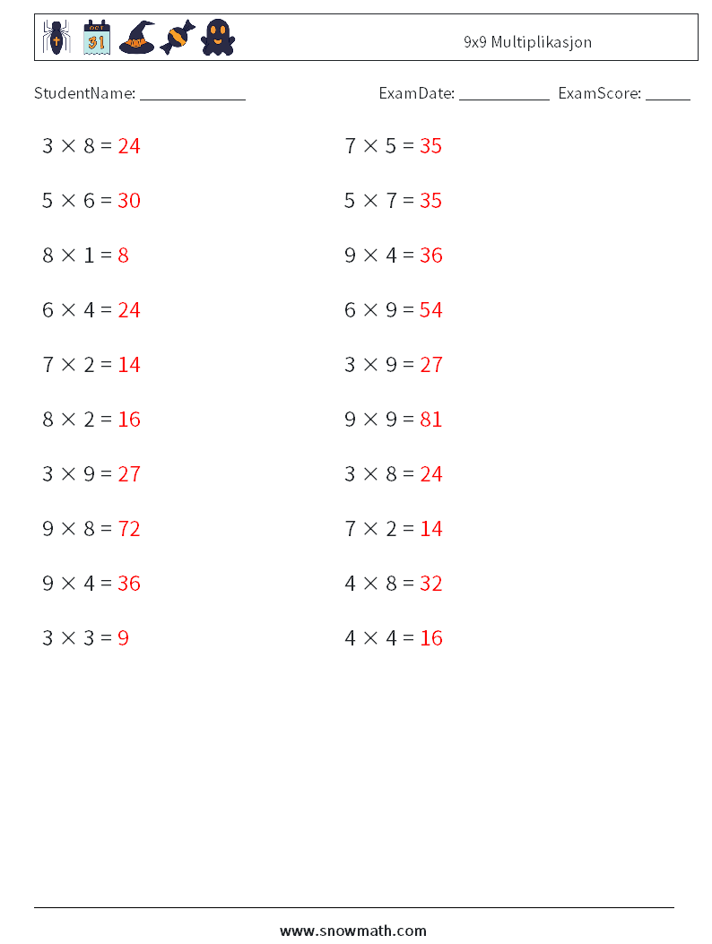 (20) 9x9 Multiplikasjon MathWorksheets 9 QuestionAnswer