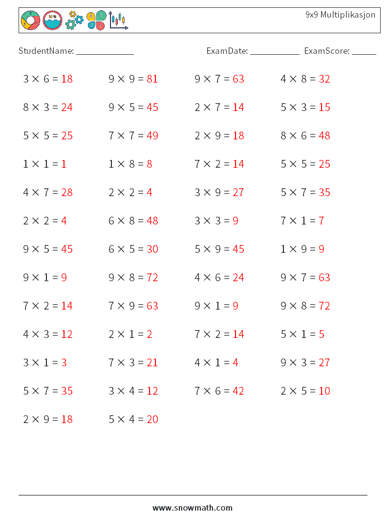 (50) 9x9 Multiplikasjon MathWorksheets 1 QuestionAnswer