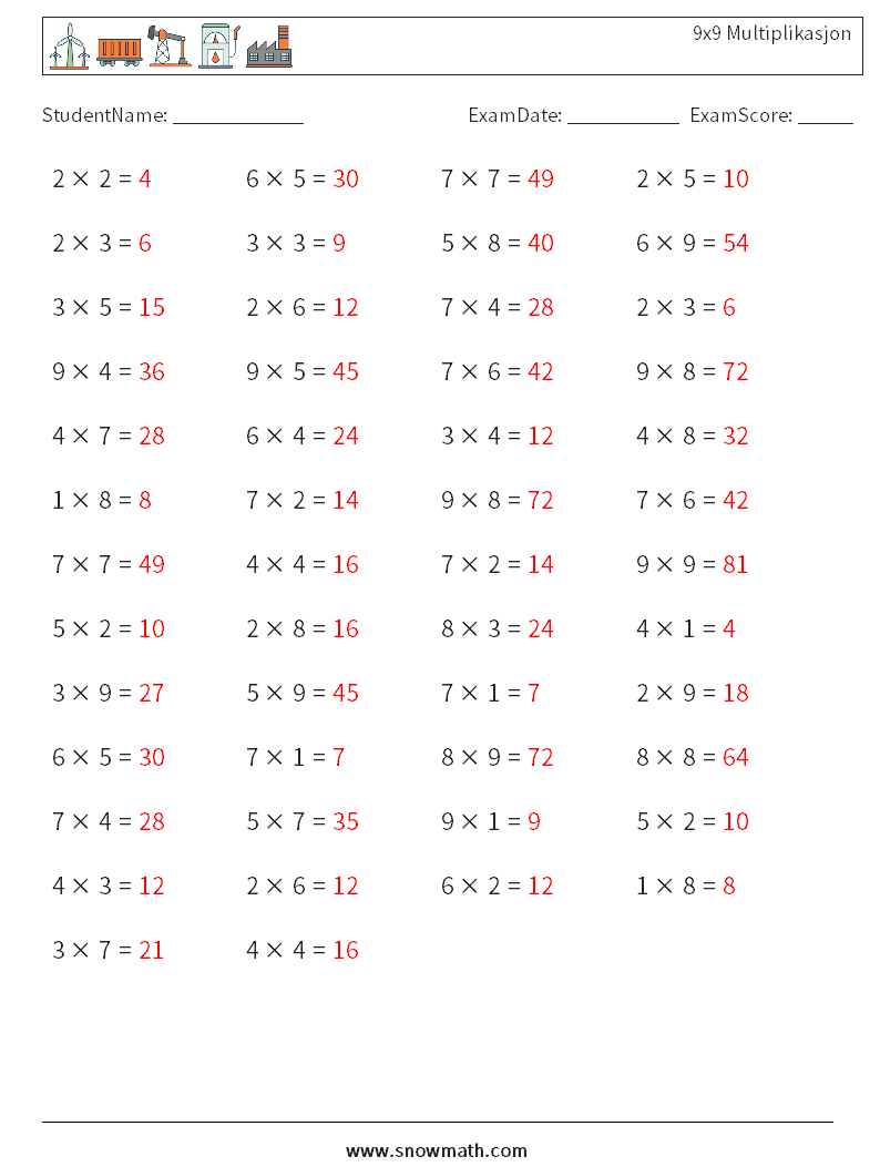 (50) 9x9 Multiplikasjon MathWorksheets 2 QuestionAnswer