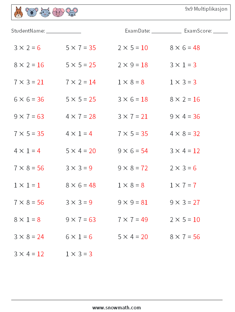 (50) 9x9 Multiplikasjon MathWorksheets 3 QuestionAnswer