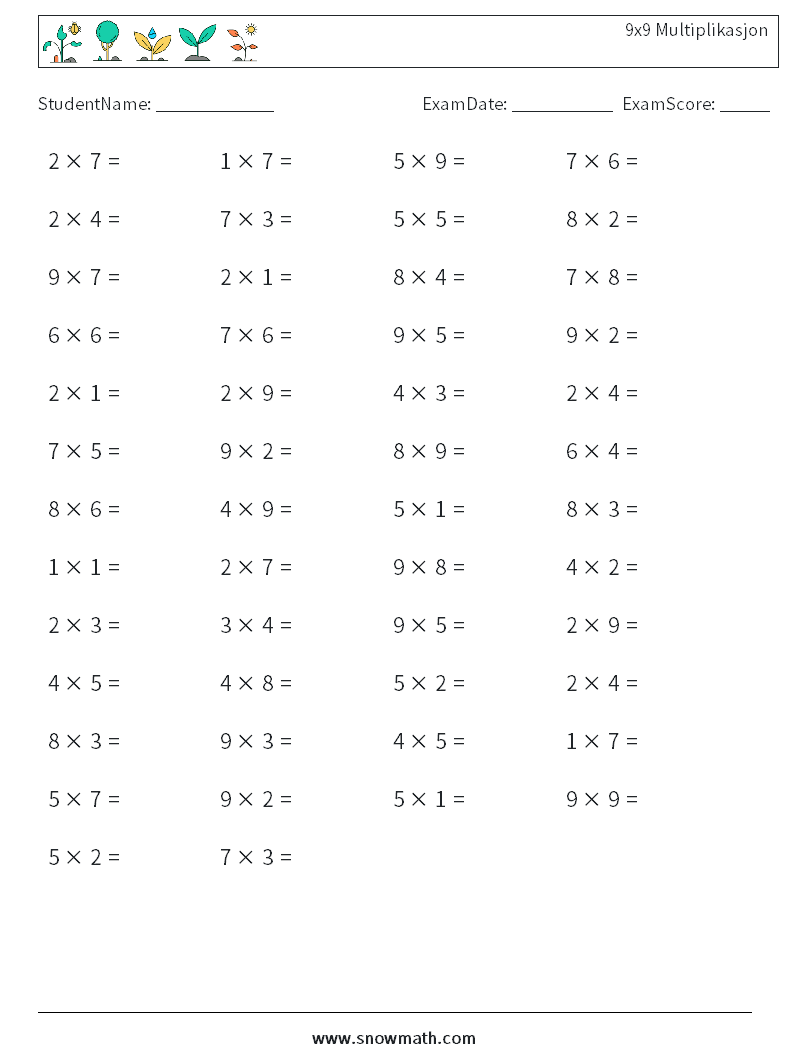 (50) 9x9 Multiplikasjon MathWorksheets 4