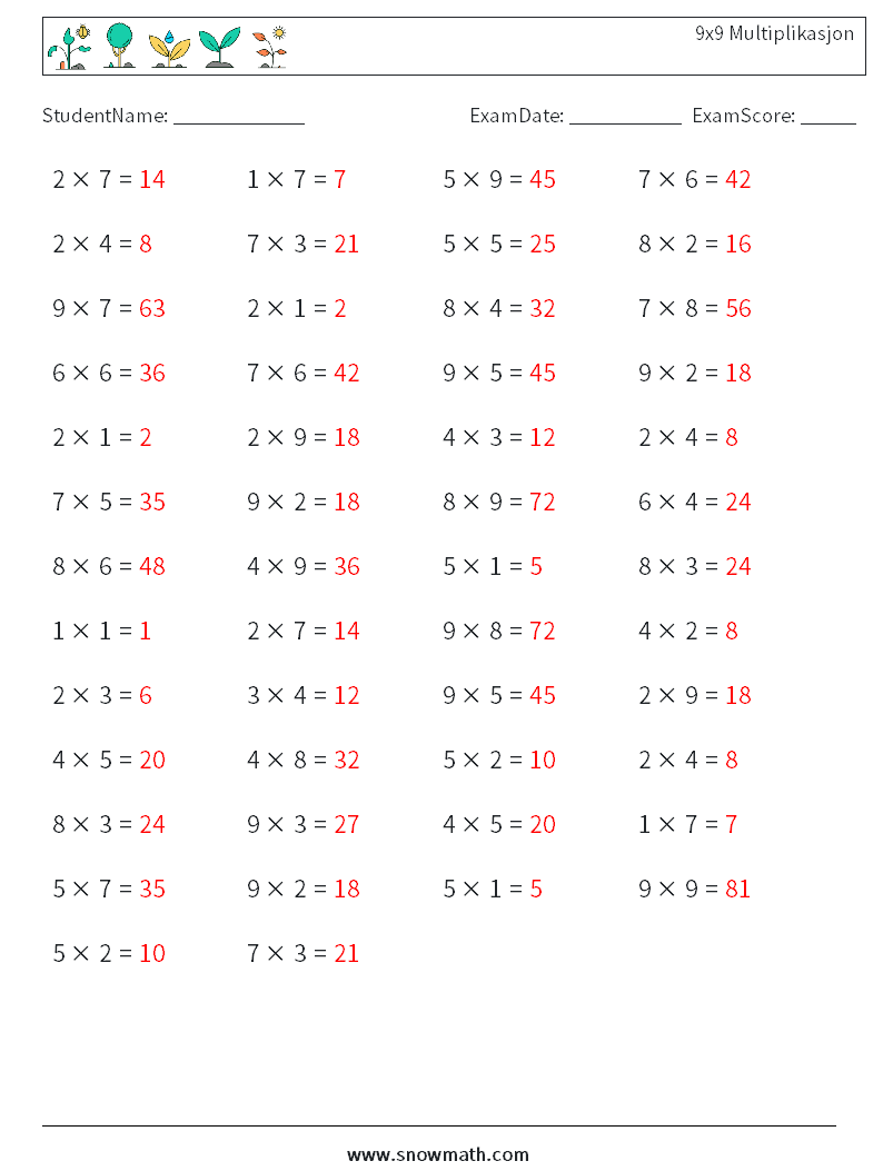 (50) 9x9 Multiplikasjon MathWorksheets 4 QuestionAnswer