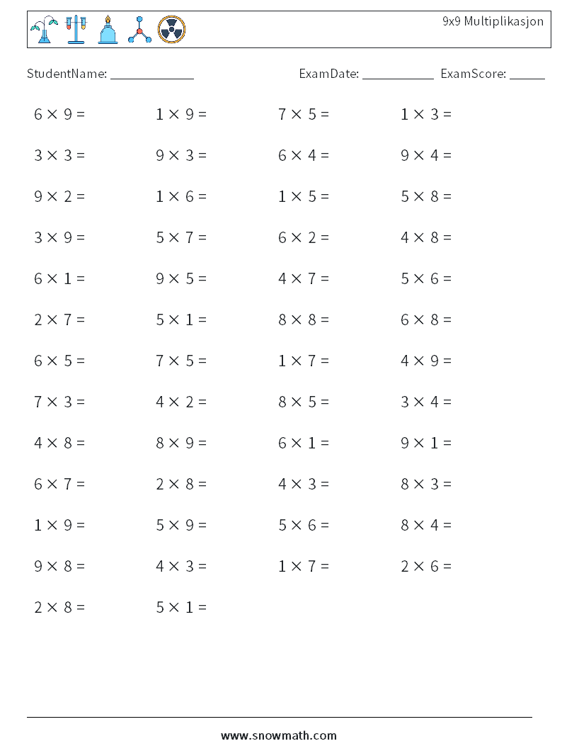 (50) 9x9 Multiplikasjon MathWorksheets 5