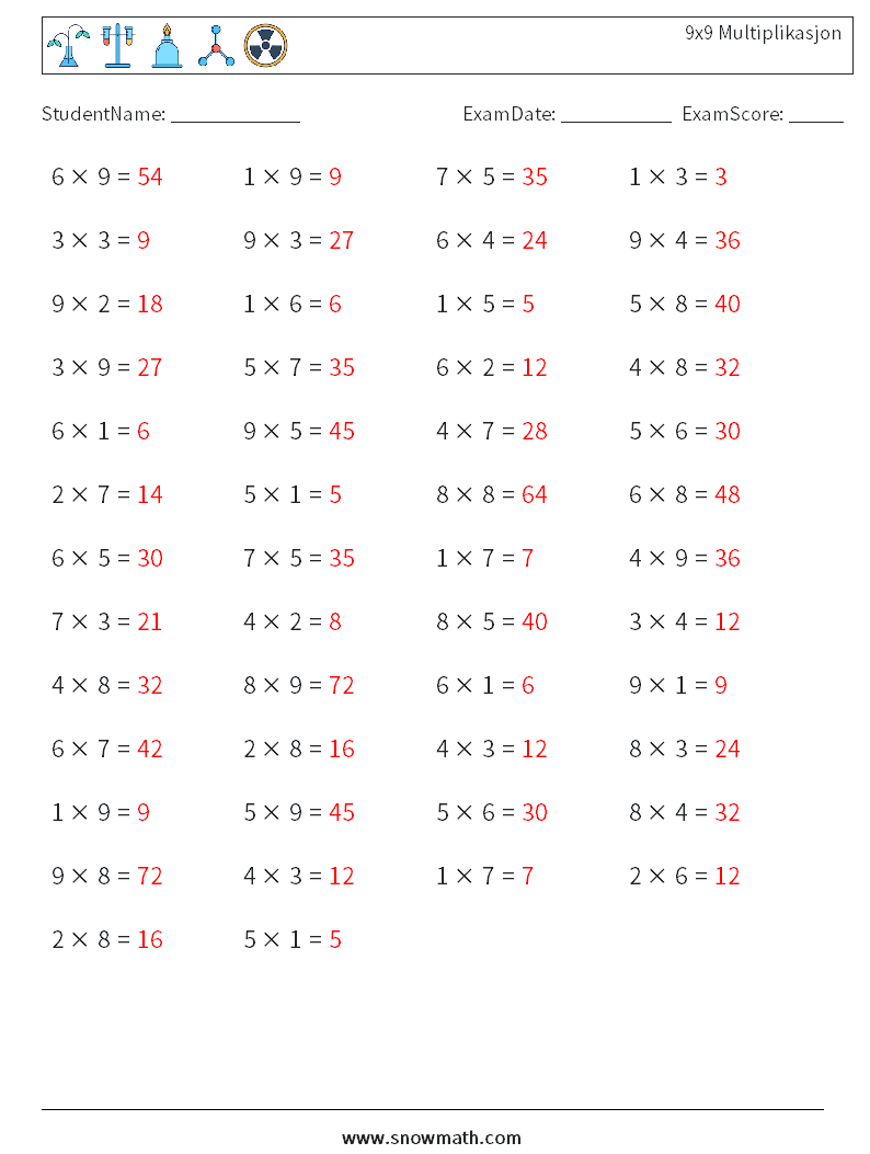 (50) 9x9 Multiplikasjon MathWorksheets 5 QuestionAnswer