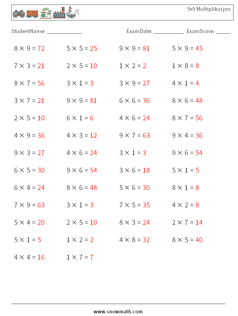 (50) 9x9 Multiplikasjon MathWorksheets 6 QuestionAnswer