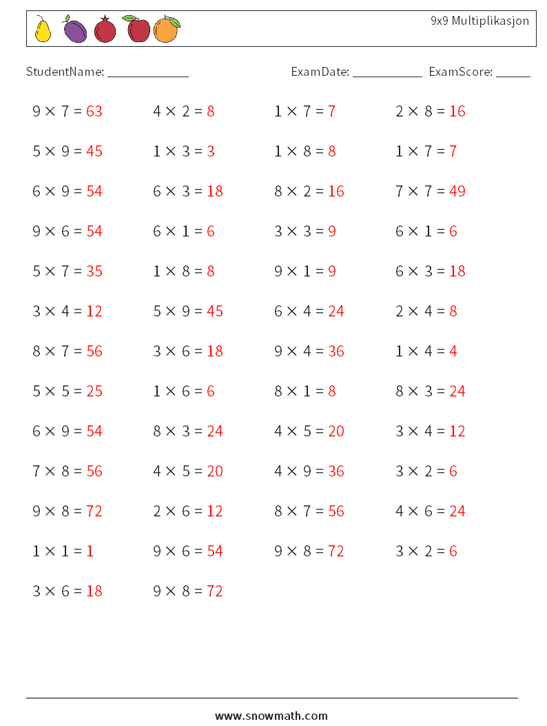 (50) 9x9 Multiplikasjon MathWorksheets 7 QuestionAnswer