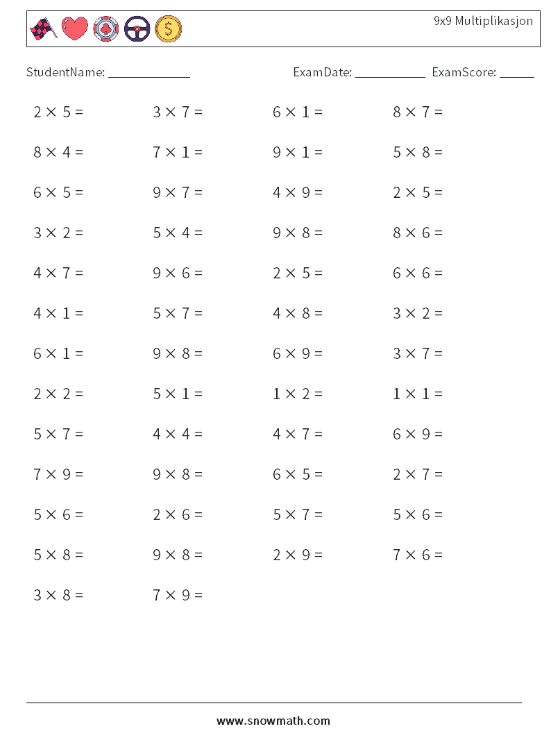 (50) 9x9 Multiplikasjon MathWorksheets 8