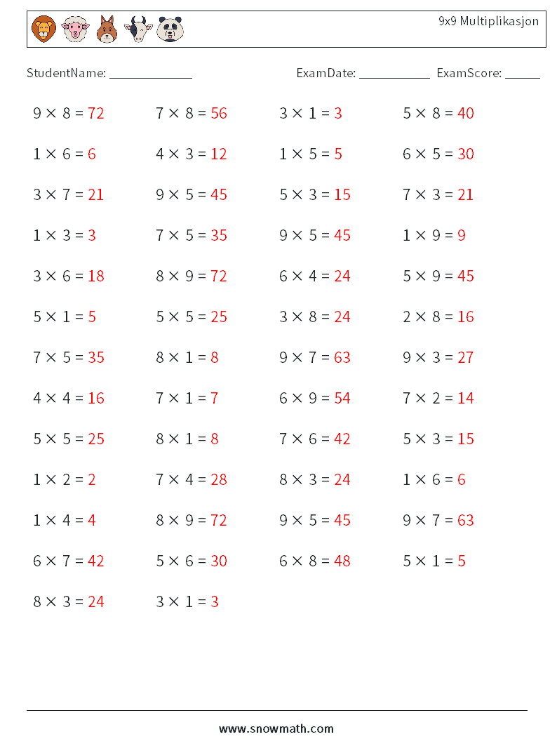 (50) 9x9 Multiplikasjon MathWorksheets 9 QuestionAnswer