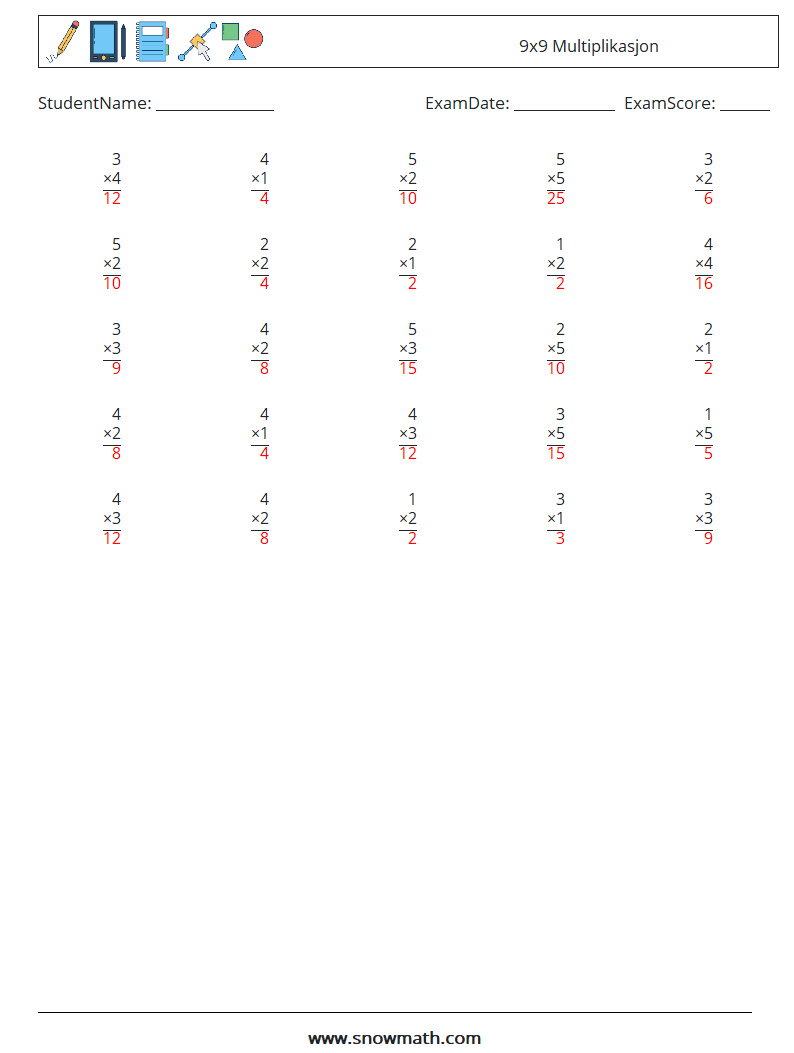 (25) 9x9 Multiplikasjon MathWorksheets 1 QuestionAnswer
