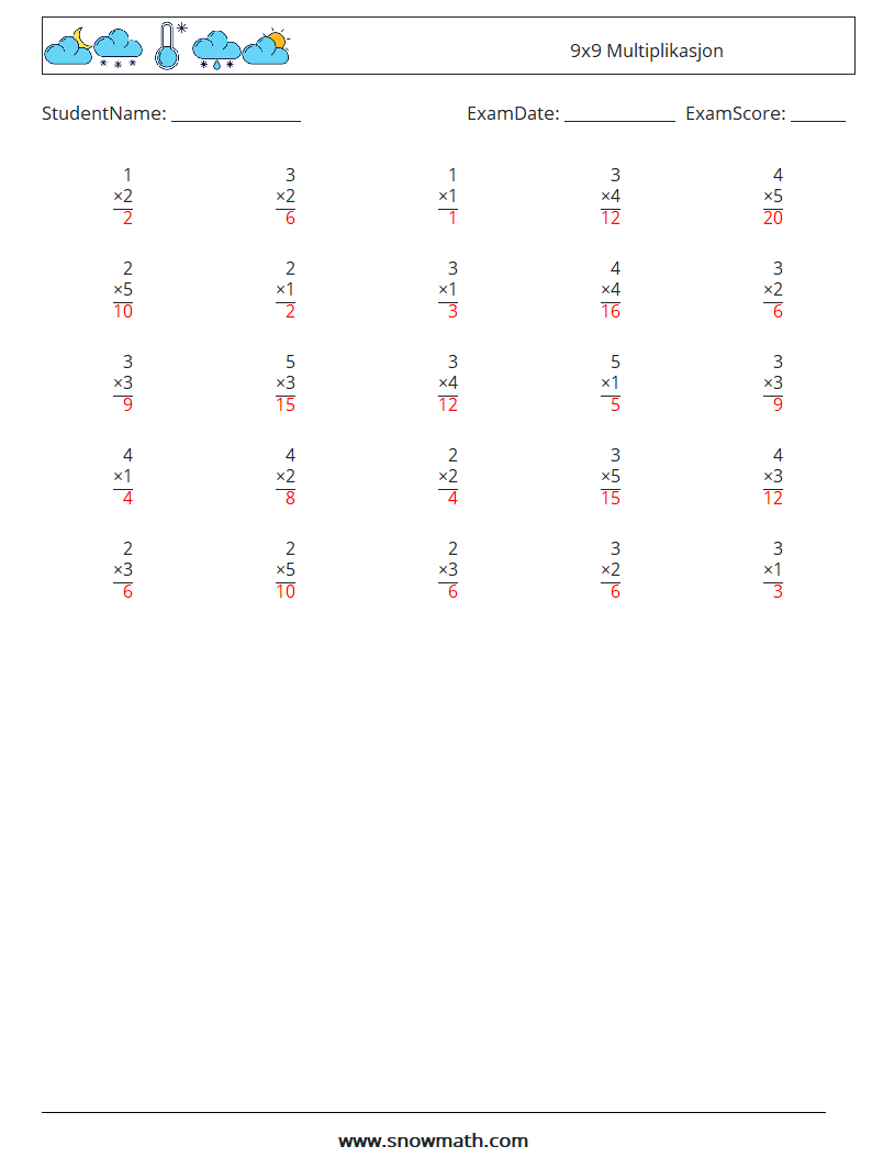 (25) 9x9 Multiplikasjon MathWorksheets 2 QuestionAnswer