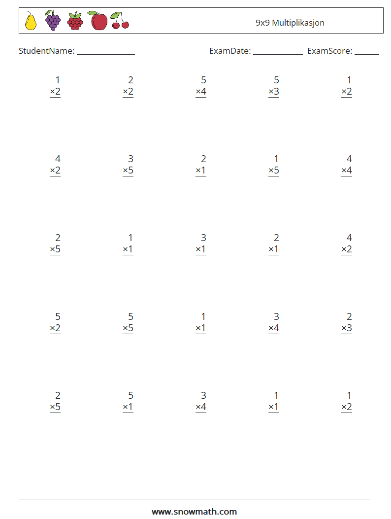 (25) 9x9 Multiplikasjon MathWorksheets 3