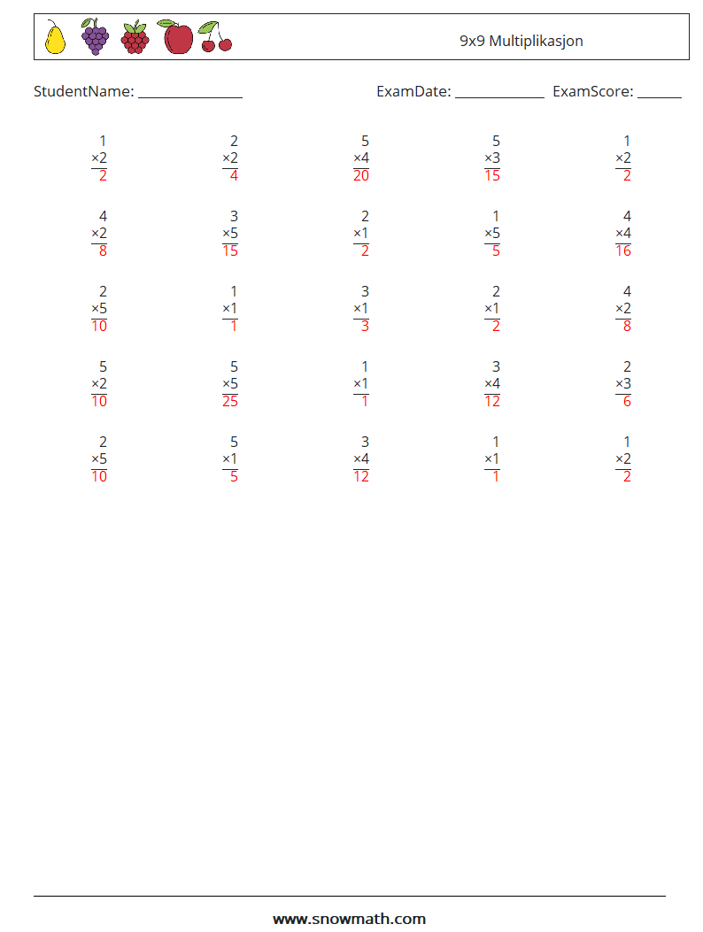 (25) 9x9 Multiplikasjon MathWorksheets 3 QuestionAnswer