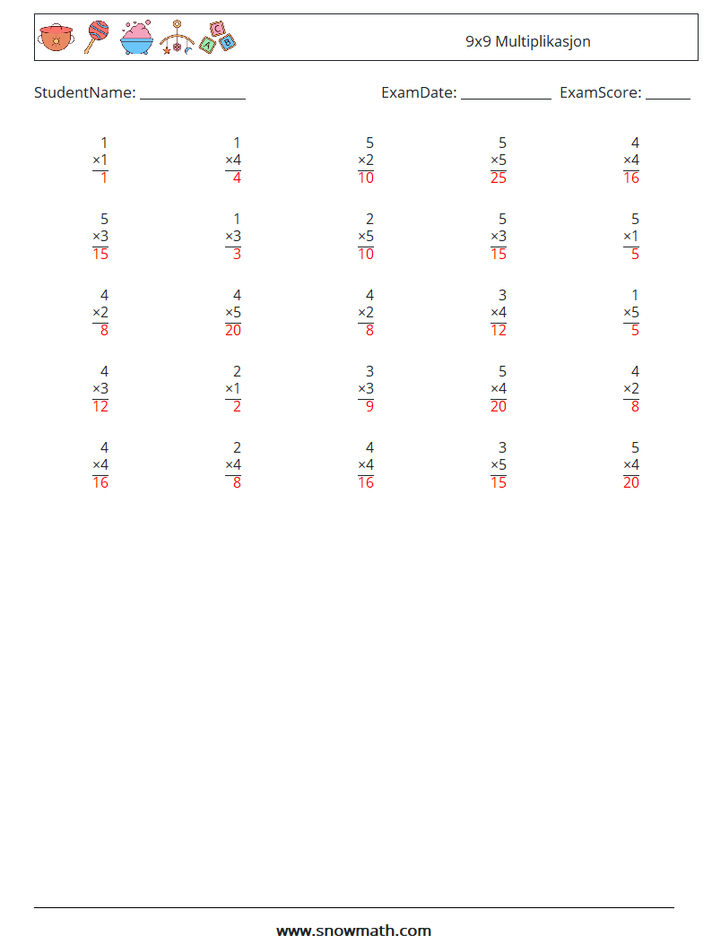 (25) 9x9 Multiplikasjon MathWorksheets 4 QuestionAnswer