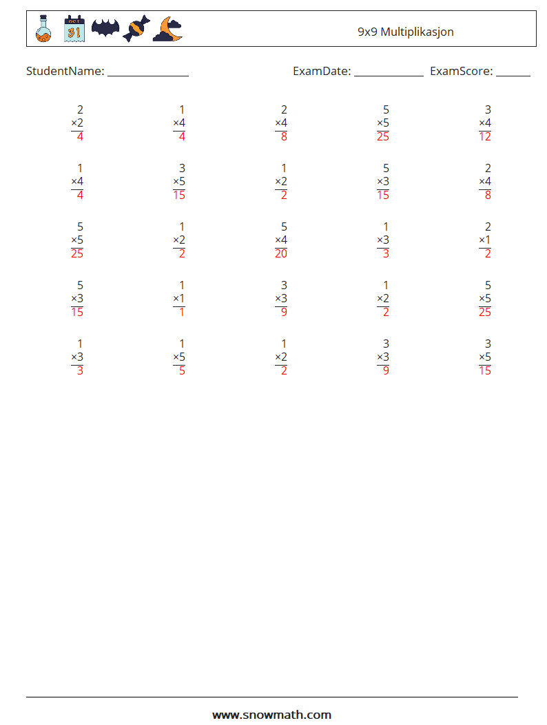 (25) 9x9 Multiplikasjon MathWorksheets 5 QuestionAnswer