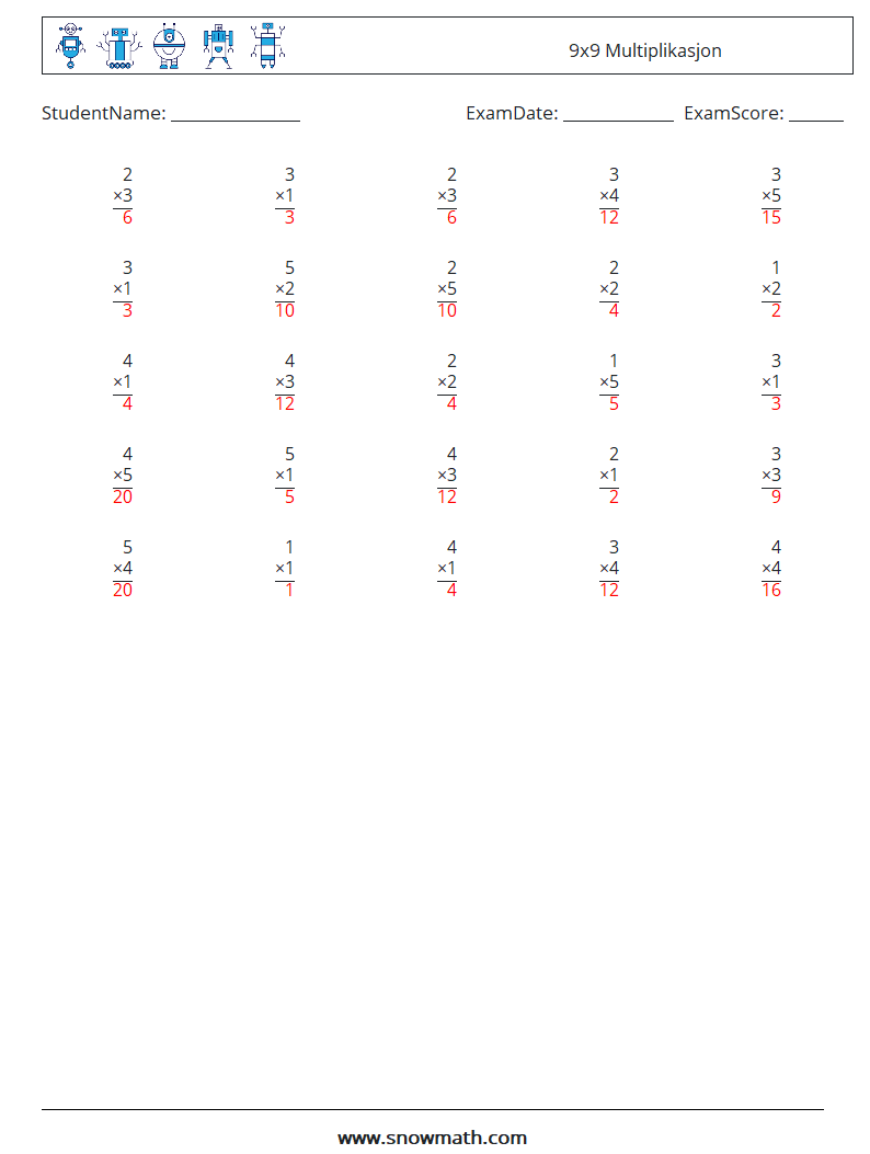 (25) 9x9 Multiplikasjon MathWorksheets 7 QuestionAnswer