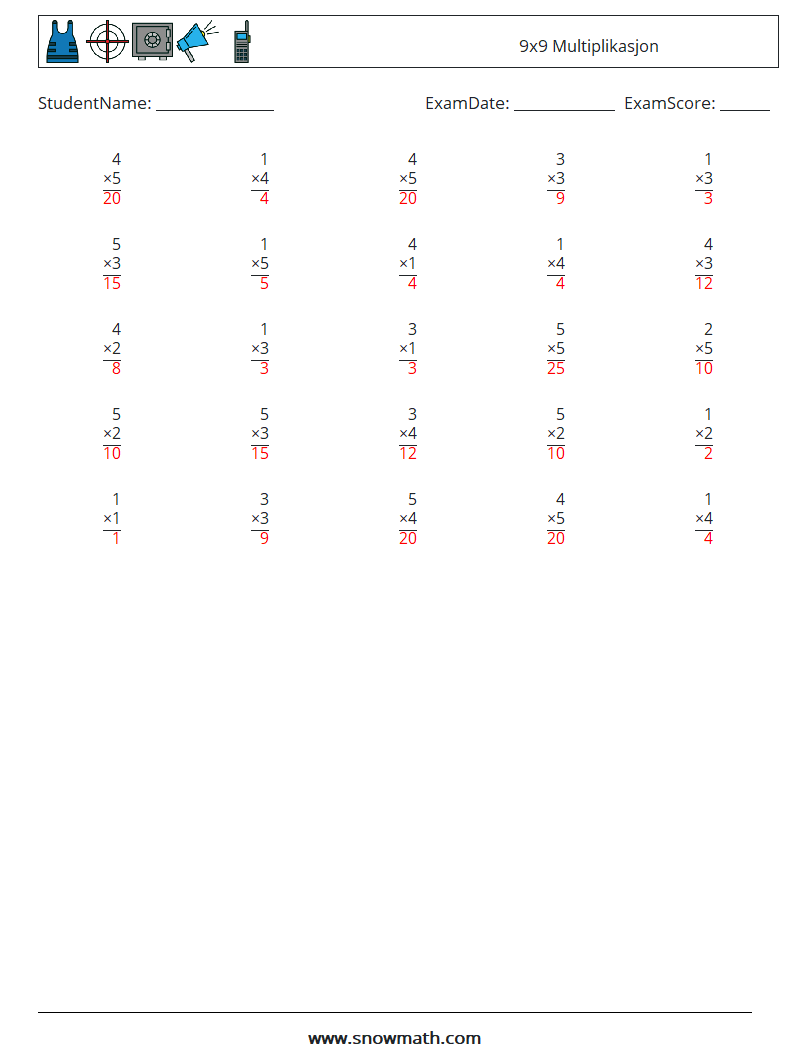 (25) 9x9 Multiplikasjon MathWorksheets 8 QuestionAnswer