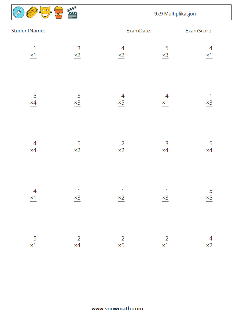 (25) 9x9 Multiplikasjon MathWorksheets 9