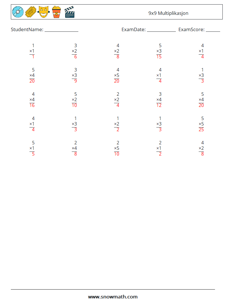 (25) 9x9 Multiplikasjon MathWorksheets 9 QuestionAnswer
