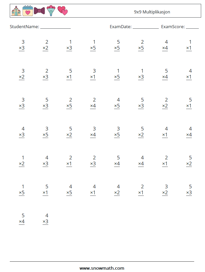 (50) 9x9 Multiplikasjon MathWorksheets 3