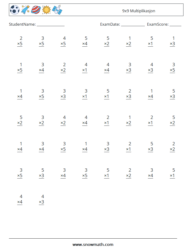 (50) 9x9 Multiplikasjon MathWorksheets 7