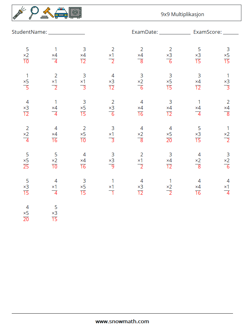 (50) 9x9 Multiplikasjon MathWorksheets 8 QuestionAnswer