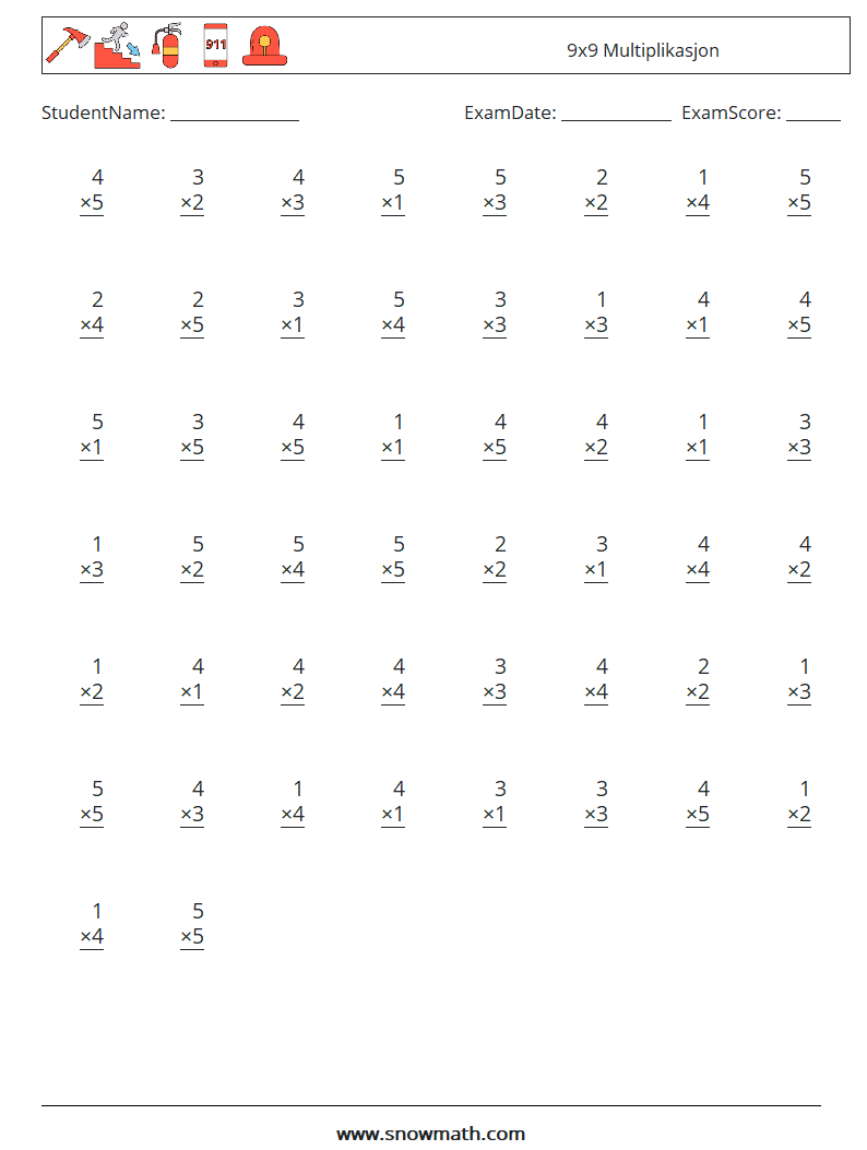 (50) 9x9 Multiplikasjon MathWorksheets 9