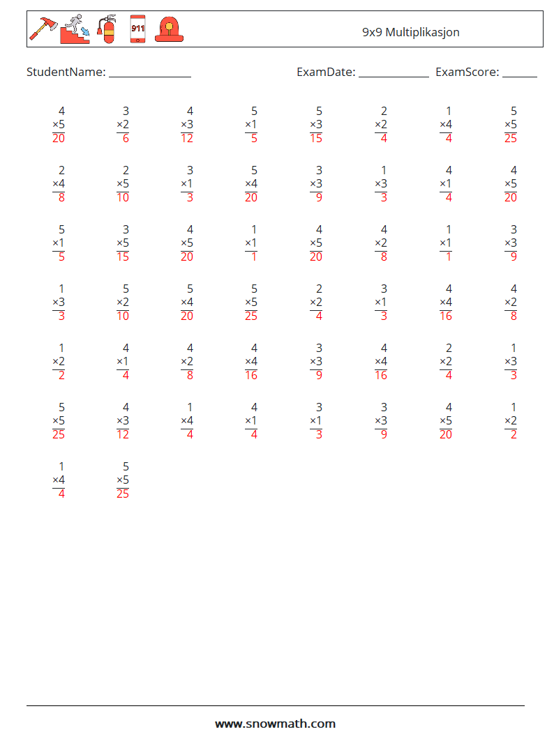 (50) 9x9 Multiplikasjon MathWorksheets 9 QuestionAnswer