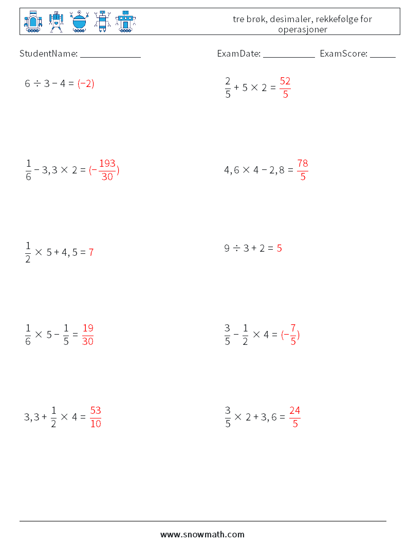 (10) tre brøk, desimaler, rekkefølge for operasjoner MathWorksheets 11 QuestionAnswer