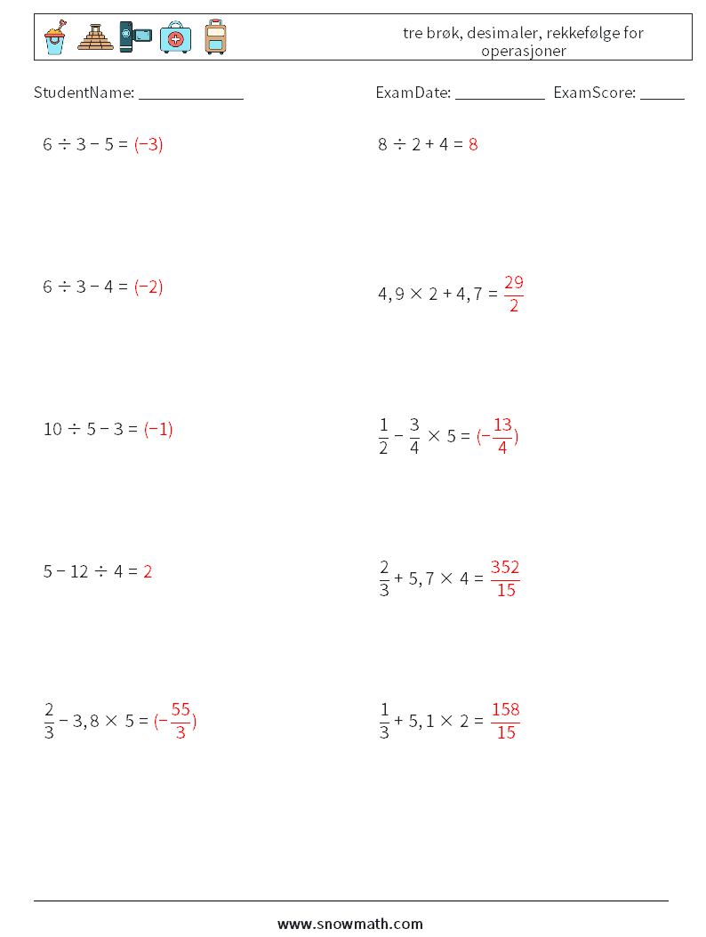 (10) tre brøk, desimaler, rekkefølge for operasjoner MathWorksheets 12 QuestionAnswer