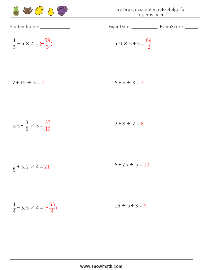 (10) tre brøk, desimaler, rekkefølge for operasjoner MathWorksheets 15 QuestionAnswer